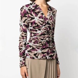 Diane Von Furstenberg Floral Ruched Button-Front Long Sleeve Reversable Top